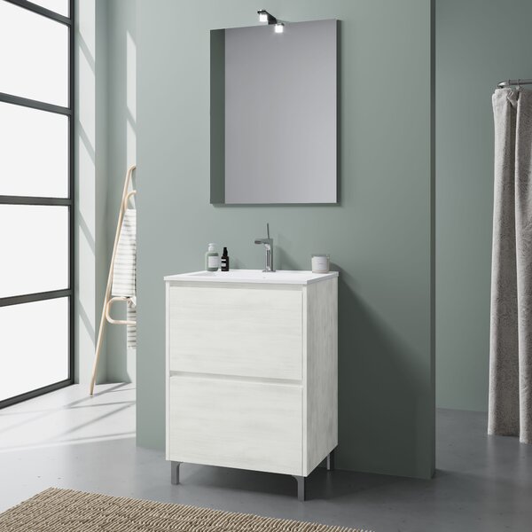 Mobilier Baie, 60 Cm, Stejar Alb, Cu Picioare și Lavoar | Laguna