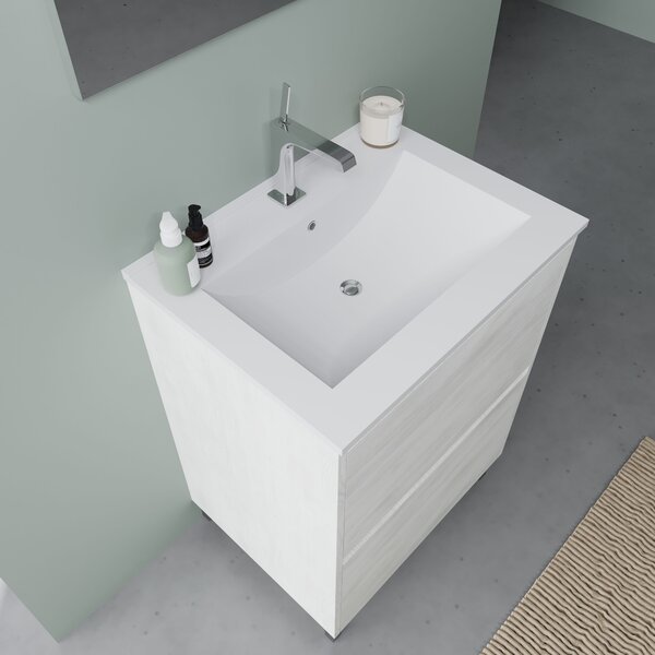 Mobilier Baie, 60 Cm, Stejar Alb, Cu Picioare și Lavoar | Laguna