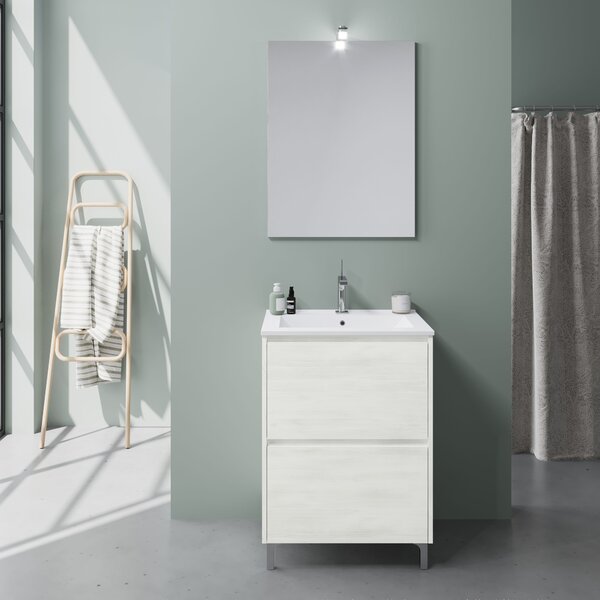 Mobilier Baie, 60 Cm, Stejar Alb, Cu Picioare și Lavoar | Laguna