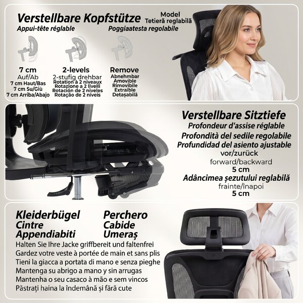 HOMCOM Scaun de Birou Ergonomic din Plasă cu Cotiere, Tetieră, Spătar Reglabil, Funcție Legănare, Negru | Aosom Romania