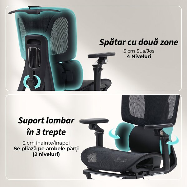 HOMCOM Scaun de Birou Ergonomic din Plasă cu Cotiere, Tetieră, Spătar Reglabil, Funcție Legănare, Negru | Aosom Romania