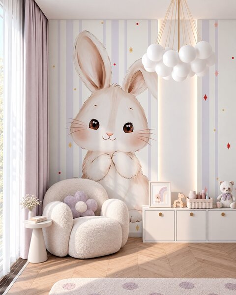 Tapet Iepuraș drăguț pe fundal cu dungi liliac și stele strălucitoare, Fototapet Animale, w05920v1 : Uwalls.ro