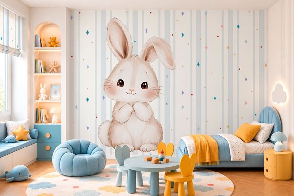 Tapet Iepuraș drăguț pe fundal cu dungi albastre și stele colorate, Fototapet Animale, w05920v3 : Uwalls.ro