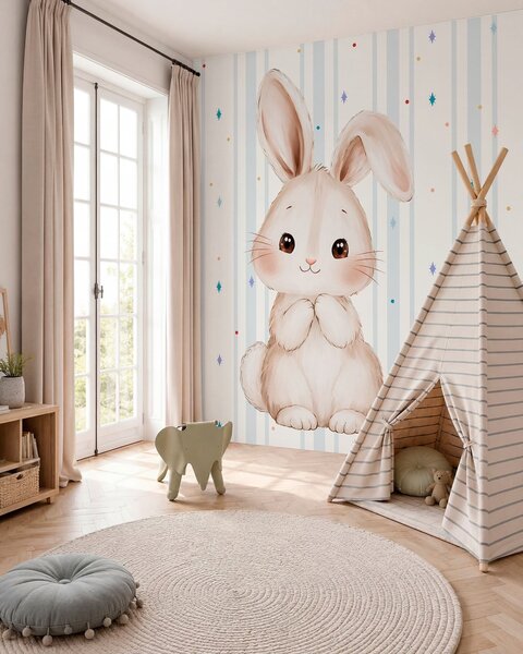 Tapet Iepuraș drăguț pe fundal cu dungi albastre și stele colorate, Fototapet Animale, w05920v3 : Uwalls.ro