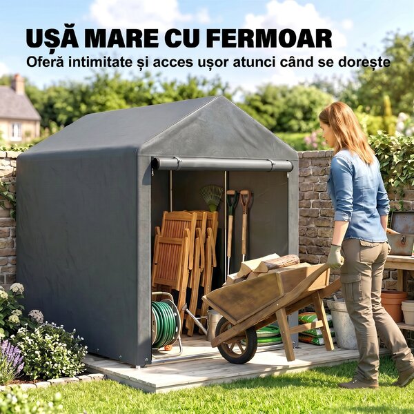 Outsunny Magazie pentru Scule cu Protecție UV și Intrare cu Fermoar, Cort de Garaj, 120x179x165 cm, Gri Închis | Aosom Romania