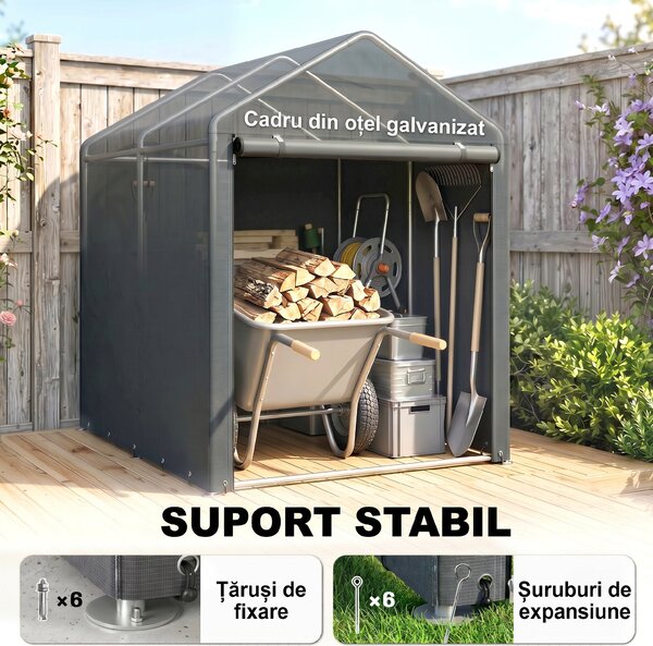 Outsunny Magazie pentru Scule cu Protecție UV și Intrare cu Fermoar, Cort de Garaj, 120x179x165 cm, Gri Închis | Aosom Romania