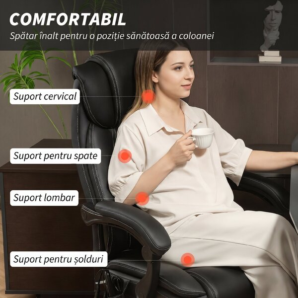 HOMCOM Scaun de Birou cu Masaj și Încălzire, Reclinabil, din Piele PU, cu Telecomandă și Suport pentru Picioare, Negru | Aosom Romania