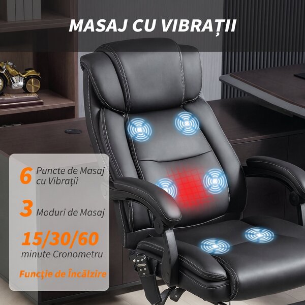 HOMCOM Scaun de Birou cu Masaj și Încălzire, Reclinabil, din Piele PU, cu Telecomandă și Suport pentru Picioare, Negru | Aosom Romania