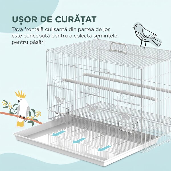 Colivie pentru Pasari din Metal cu Stinghii si Boluri pentru Mancare, Voliera pentru Canari si Perusi 60x41x41cm, Alb | Aosom Romania