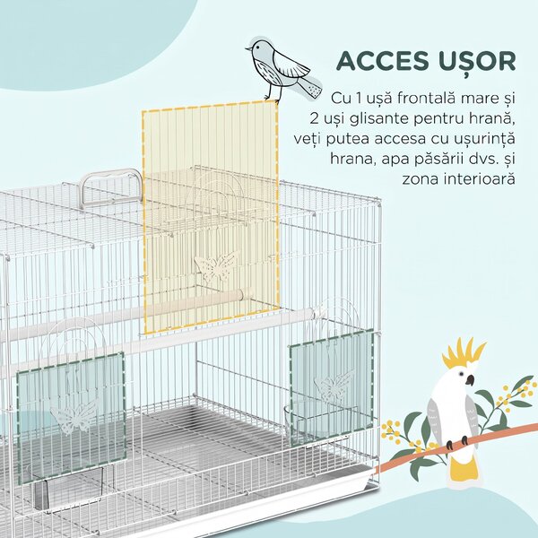 Colivie pentru Pasari din Metal cu Stinghii si Boluri pentru Mancare, Voliera pentru Canari si Perusi 60x41x41cm, Alb | Aosom Romania