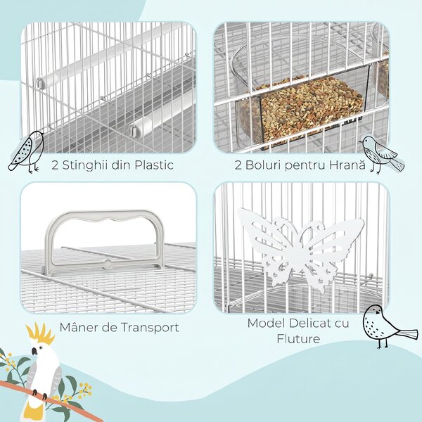 Colivie pentru Pasari din Metal cu Stinghii si Boluri pentru Mancare, Voliera pentru Canari si Perusi 60x41x41cm, Alb | Aosom Romania