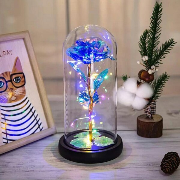 Trandafir criogenat, iluminare RGB, comutator, 344 g, 20,5 x 11 cm, albastru