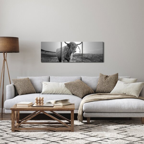 Tablou - Vacă scoțiană,alb-negru (cu ceas) (90x30 cm)