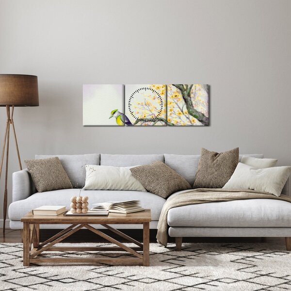 Tablou - Pasăre în copac,acuarelă (cu ceas) (90x30 cm)