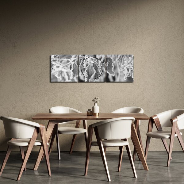 Tablou - Frunze înghețate,alb-negru (cu ceas) (90x30 cm)