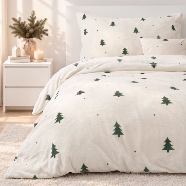 Goldea lenjerie de pat de crăciun din micropluș deluxe - brazi verzi pe crem 140 x 200 și 70 x 90 cm