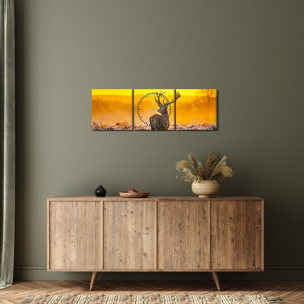 Tablou - Cerb la răsăritul soarelui (cu ceas) (90x30 cm)