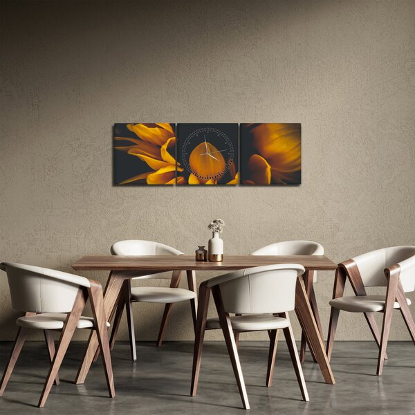 Tablou - Floarea-soarelui în fundal negru (cu ceas) (90x30 cm)