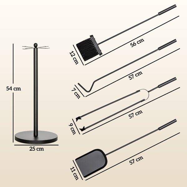 Outsunny Set Accesorii Camino 5 Piese cu Lopată Perie Clești Fier Împins Suport Economisire Spațiu Metal Negru | Aosom Romania