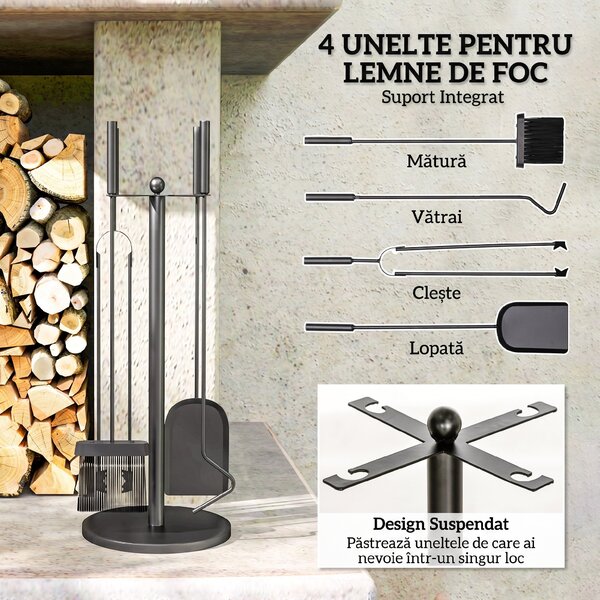 Outsunny Set Accesorii Camino 5 Piese cu Lopată Perie Clești Fier Împins Suport Economisire Spațiu Metal Negru | Aosom Romania