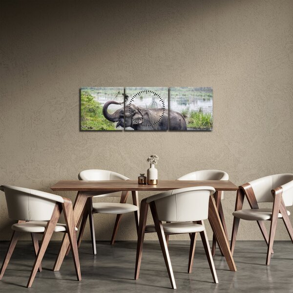 Tablou - Elefant de scăldat (cu ceas) (90x30 cm)