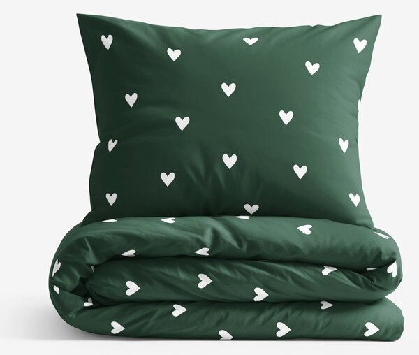 Goldea lenjerie de pat 100% bumbac - inimioare pe verde închis 135 x 200 și 40 x 80 cm
