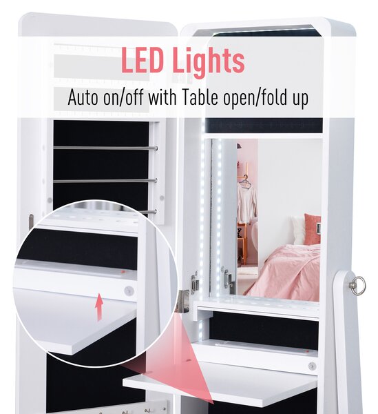 HOMCOM Cutie pentru Bijuterii cu Oglindă și Iluminare LED, Design Elegant, Alb, 30x146x36 cm | Aosom Romania