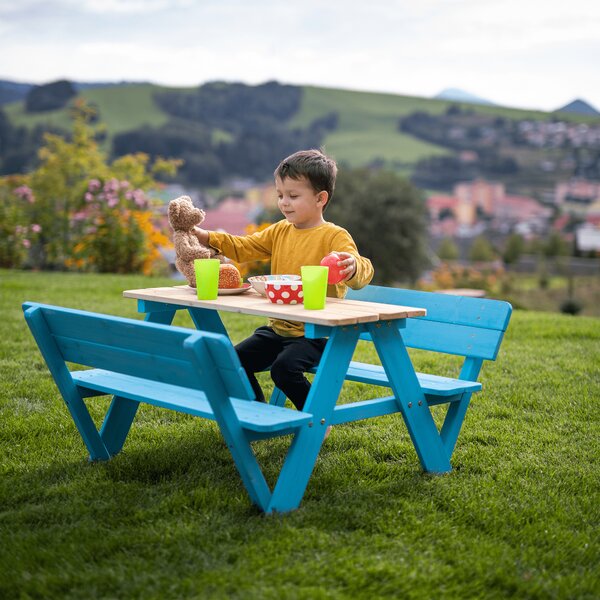 KONDELA Bancă de grădină pentru copii, lemn, albastru/ natural, ABALO
