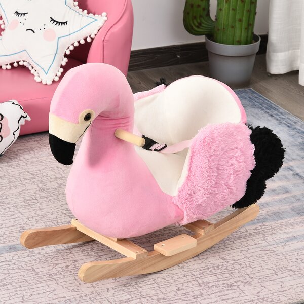 HOMCOM Balansoar Flamingo pentru Copii, Leagăn Moale din Pluș pe Structură de Lemn, Jucărie Interactivă 60x33x52cm Roz | Aosom Romania