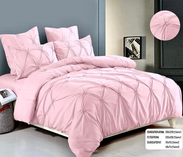 Lenjerie de pat, 2 persoane, finet, 6 piese, Casa Deluxe Uni, cu broderie pliuri Inima, roz pudrat, 230x250cm, LF853