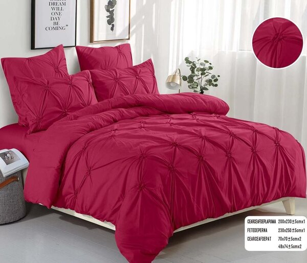 Lenjerie de pat, 2 persoane, finet, 6 piese, Casa Deluxe Uni, cu broderie pliuri Inima, rosu , 230x250cm, LF854