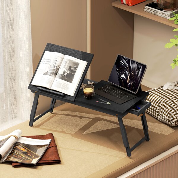 HOMCOM Suport Monitor Inclinabil și Reglabil cu Sertar Lateral, din Lemn, 83,5x33x23,5-34 cm, Negru | Aosom Romania