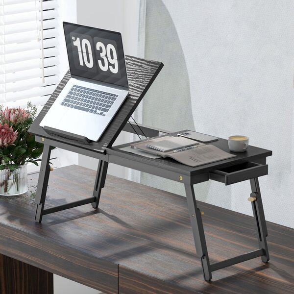 HOMCOM Suport Monitor Inclinabil și Reglabil cu Sertar Lateral, din Lemn, 83,5x33x23,5-34 cm, Negru | Aosom Romania