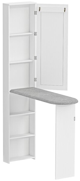 HOMCOM Dulap cu Masă de Călcat Pliabilă Economisitor de Spațiu cu Oglindă, Dulap Multifuncțional cu 6 Compartimente, 2 Cârlige, pentru Spălătorie Baie, 107x35x174 cm, Alb | Aosom Romania