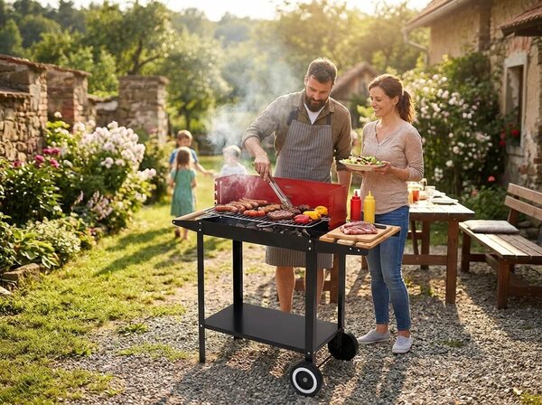 Gratar de gradina pe carbune BBQ 87x35 cm, negru/rosu