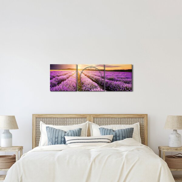 Tablou - Răsărit de soare în câmp de lavandă (cu ceas) (90x30 cm)