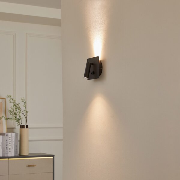 Lucande Aplică de perete cu LED Magya, negru 2 becuri, unghiulară, Negru, Camera de zi / sufragerie, Aluminiu, Modern, Priză de perete sus / jos
