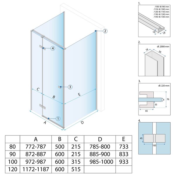 Rea Atlas, cabină de duș 100 (ușă) x 100 (perete), partea stângă, sticlă transparentă 6mm, profil auriu, KPL-K4974