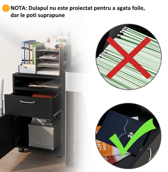HOMCOM Dulap Mobil cu 4 Roți (2 cu Frână), Raft și 2 Sertare pentru Documente, PAL și Metal, 40x35x60 cm, Negru | Aosom Romania