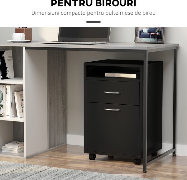 HOMCOM Dulap Mobil cu 4 Roți (2 cu Frână), Raft și 2 Sertare pentru Documente, PAL și Metal, 40x35x60 cm, Negru | Aosom Romania