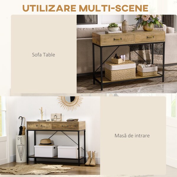 Masă Consolă Vintage HOMCOM din Metal și Lemn, Design Elegant cu 2 Sertare și Raft, Maro, pentru Living, Sufragerie | Aosom Romania