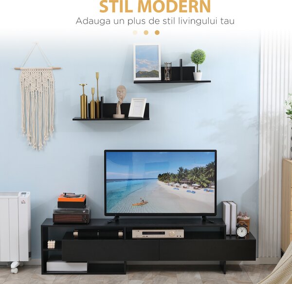 Suport TV modern HOMCOM cu 2 rafturi din lemn, dulap TV cu compartimente deschise si dulapuri, negru | Aosom Romania