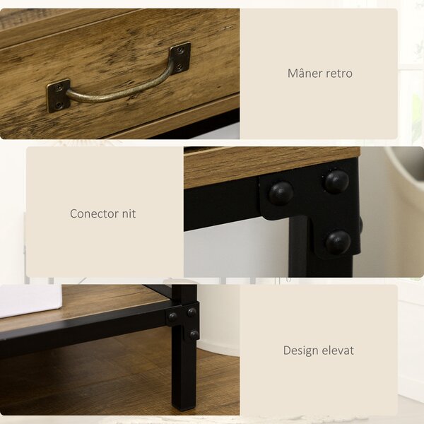 Masă Consolă Vintage HOMCOM din Metal și Lemn, Design Elegant cu 2 Sertare și Raft, Maro, pentru Living, Sufragerie | Aosom Romania