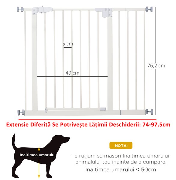 PawHut Poartă Extensibilă pentru Câini cu Montare prin Presiune, Barieră Închidere Automată și Extensie, 86x76.2 cm, Alb | Aosom Romania
