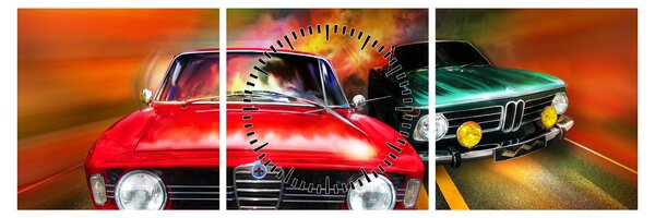 Tablou - Mașini de curse retro (cu ceas) (90x30 cm)