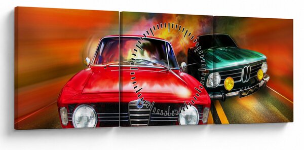 Tablou - Mașini de curse retro (cu ceas) (90x30 cm)