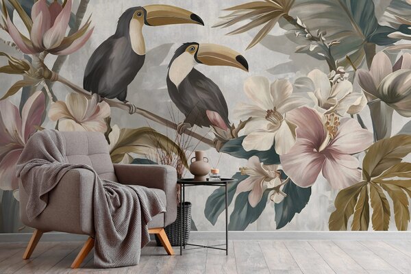Tapet o pereche de tucani în mijlocul florilor și frunzelor tropicale, Fototapet Natură, w05657 : Uwalls.ro