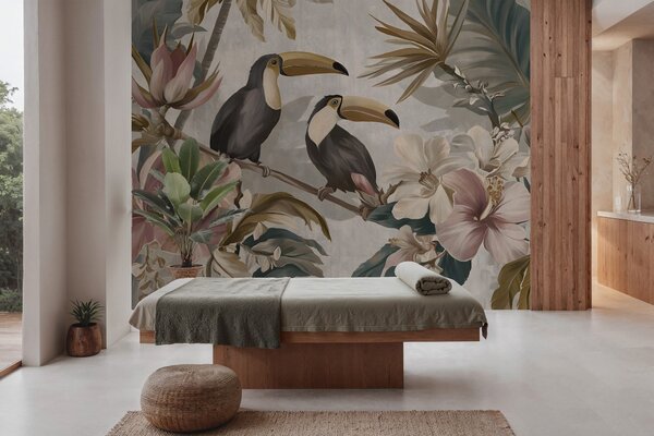 Tapet o pereche de tucani în mijlocul florilor și frunzelor tropicale, Fototapet Natură, w05657 : Uwalls.ro