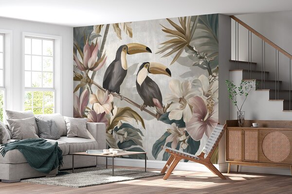 Tapet o pereche de tucani în mijlocul florilor și frunzelor tropicale, Fototapet Natură, w05657 : Uwalls.ro