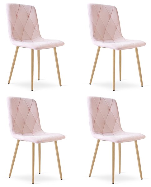 Set 4 Scaune Bucatarie/Dining Fido Catifea Roz Deschis Picioare Metalice Finisaj Lemn